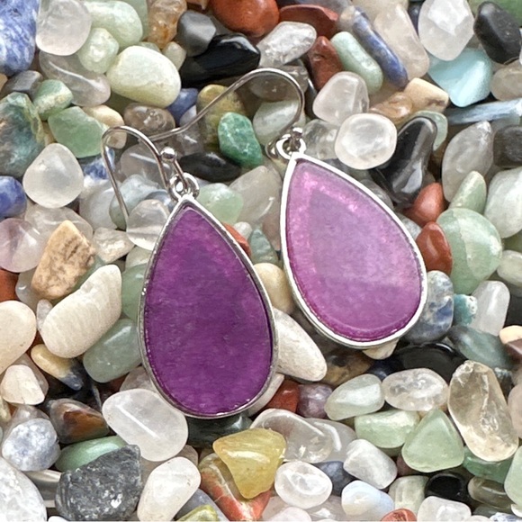 Purple jade drops silver long dangle earrings - Picture 2 of 6